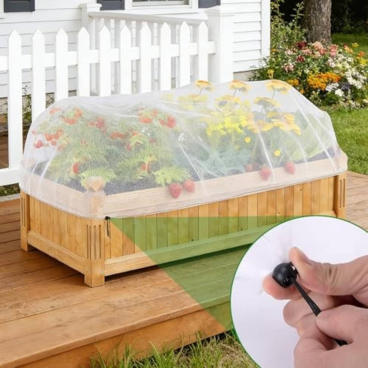 Wooden raised bed covered with translucent green netting; zipper pull close-up