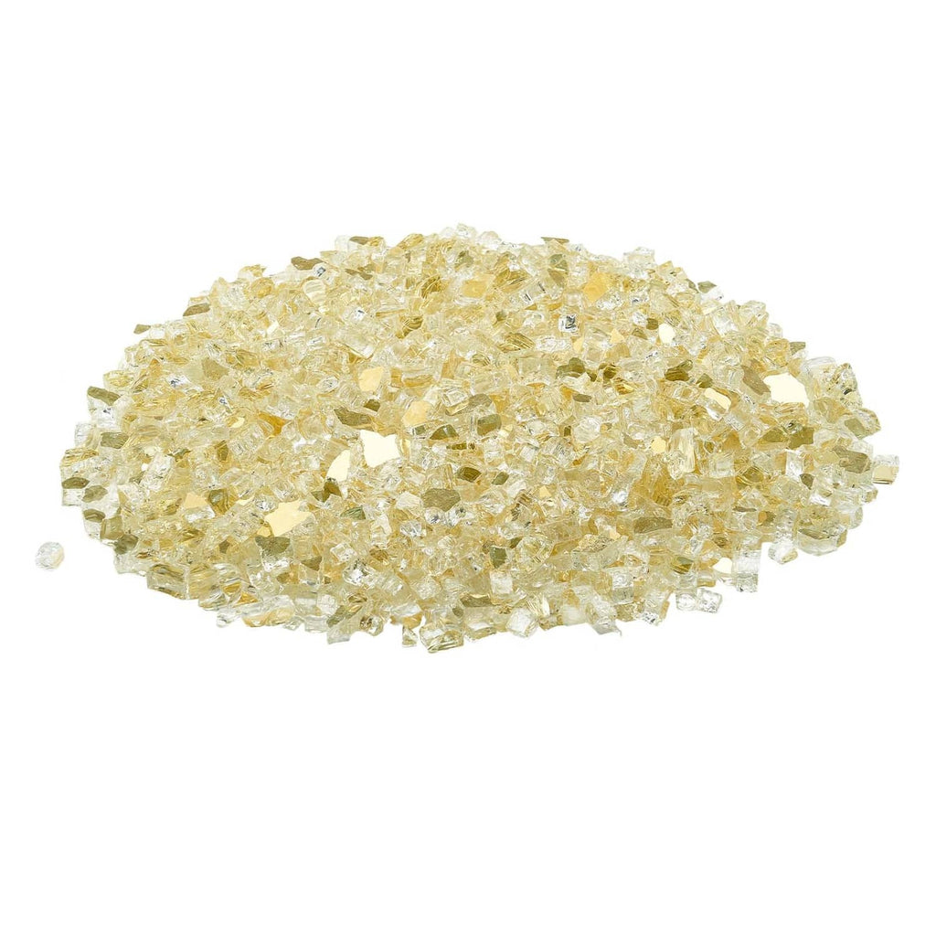 Gold crushed fire pit glass rocks pile, reflective 1/2-inch stones