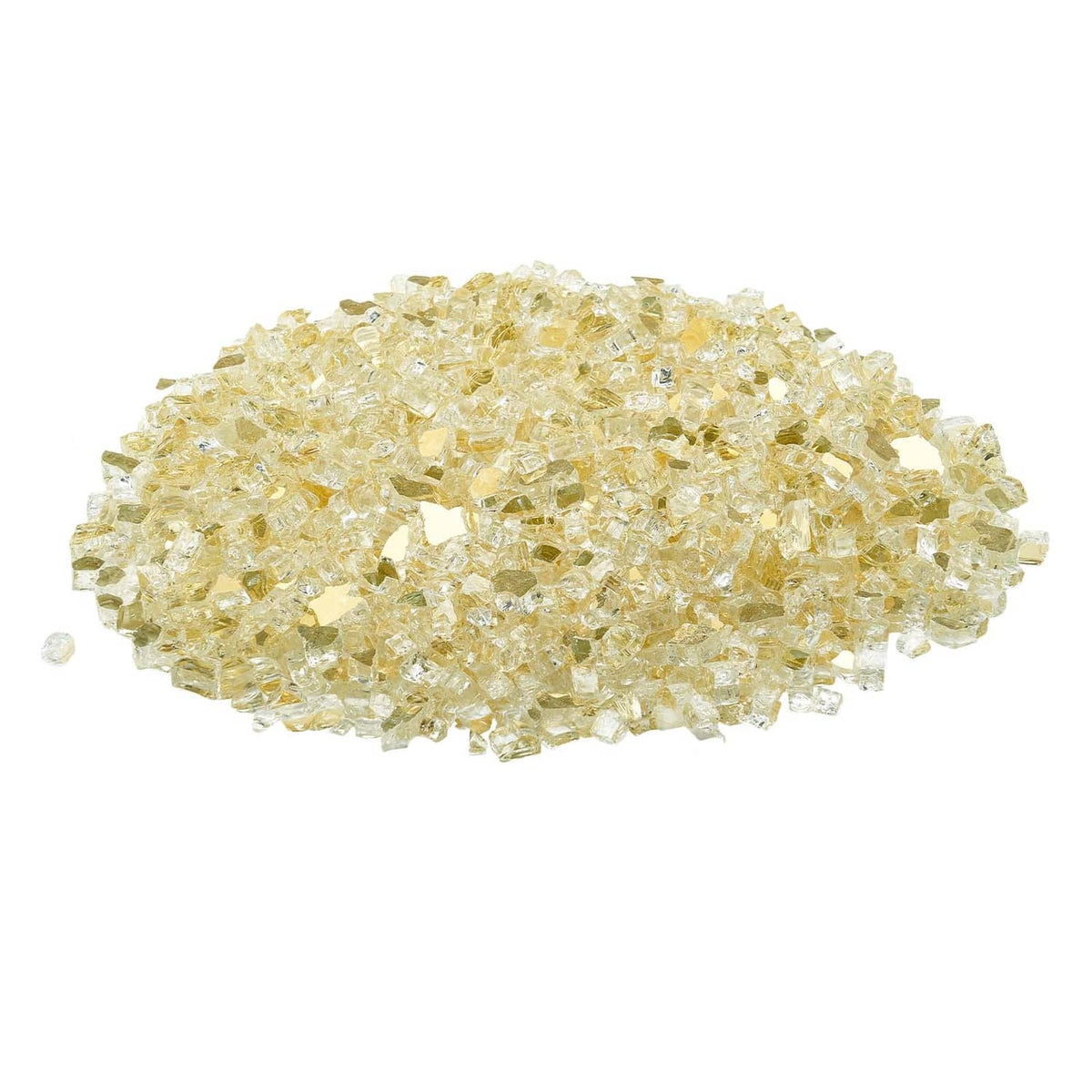 Gold crushed fire pit glass rocks pile, reflective 1/2-inch stones