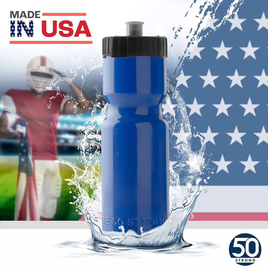 Blue 22 oz water bottle with black cap in splash water display, 50 Strong