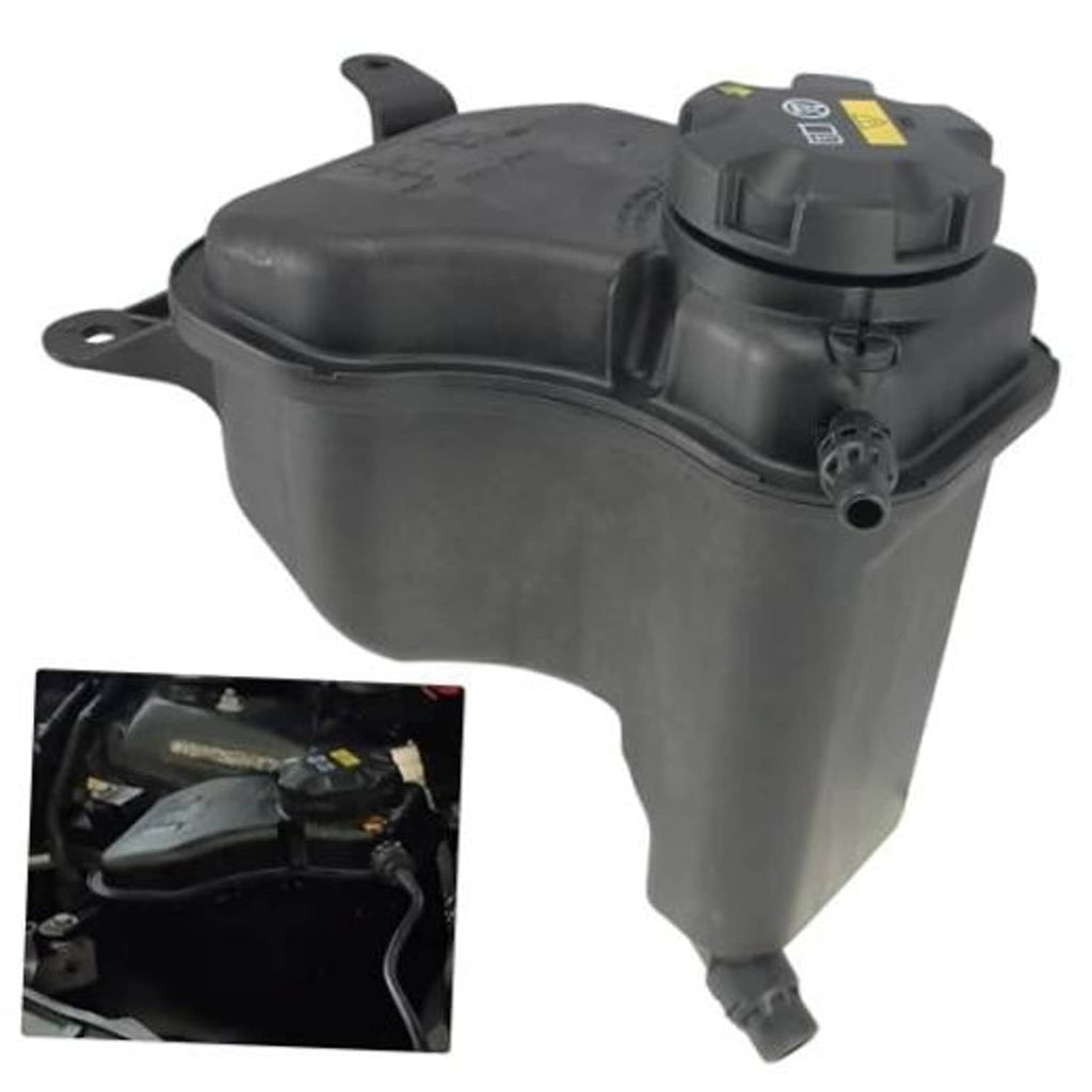 Engine coolant reservoir tank with sensor and cap, black plastic with mounting bracket