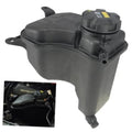 Engine coolant reservoir tank with sensor and cap, black plastic with mounting bracket