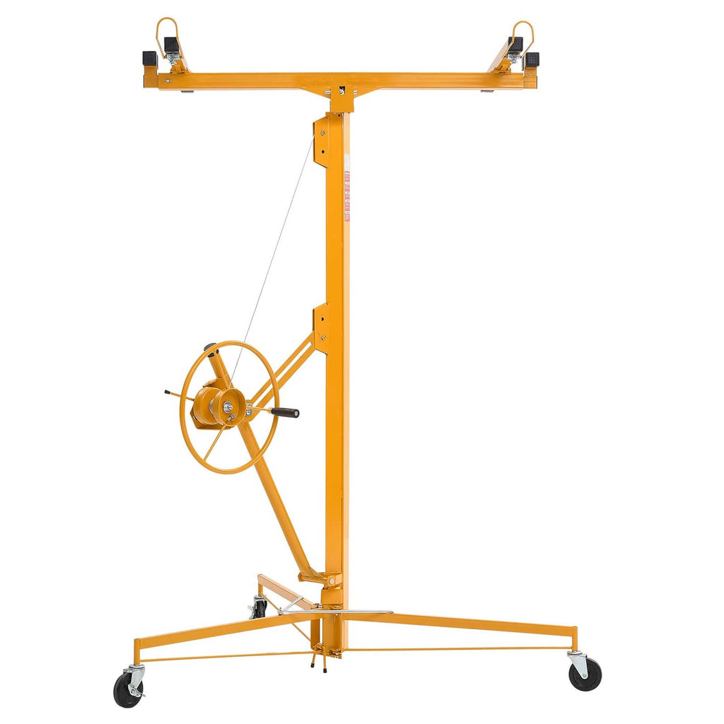 Orange drywall hoist lifter with telescoping arm, winch wheel, and four caster wheels.