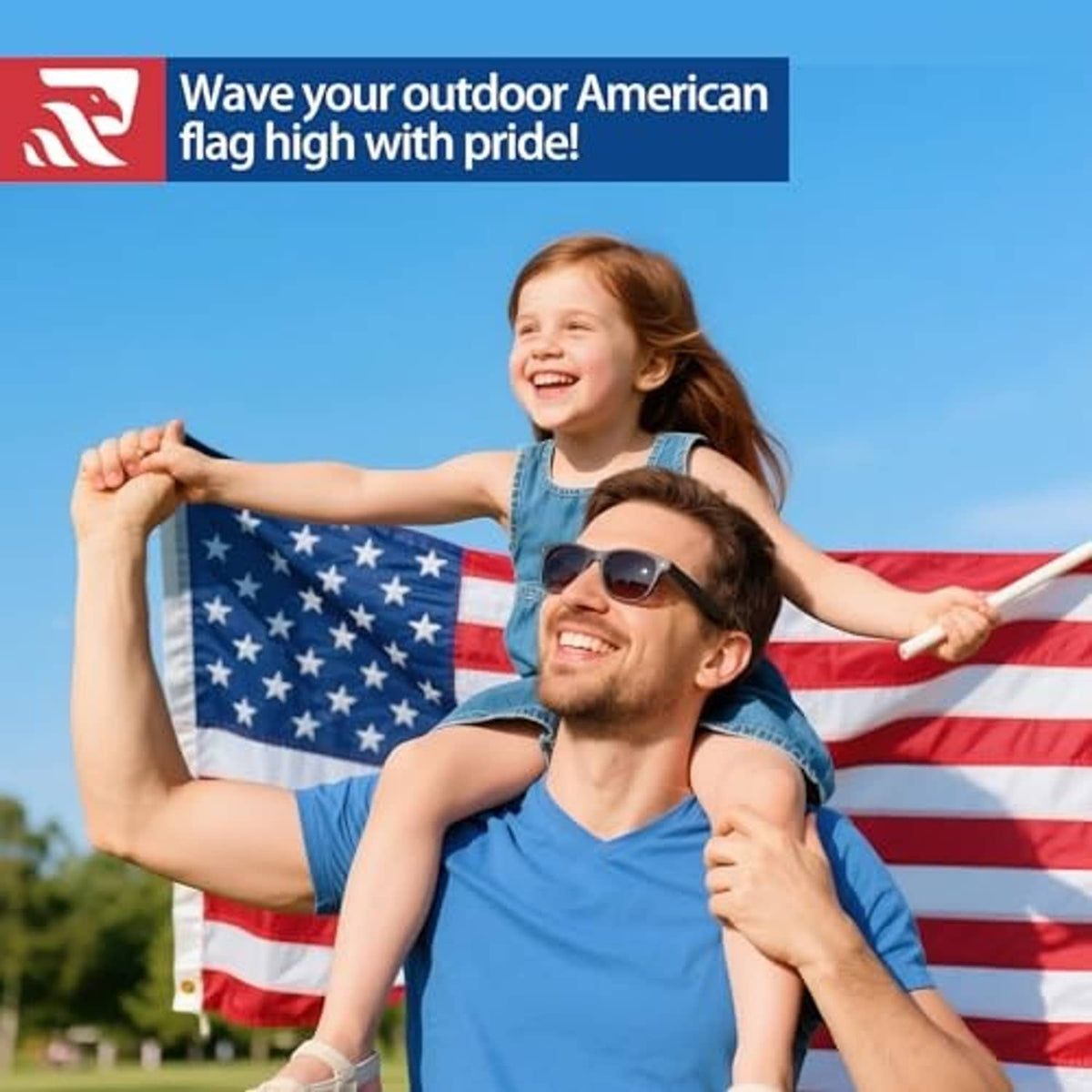 Family holding an American flag with blue star field and red-and-white stripes