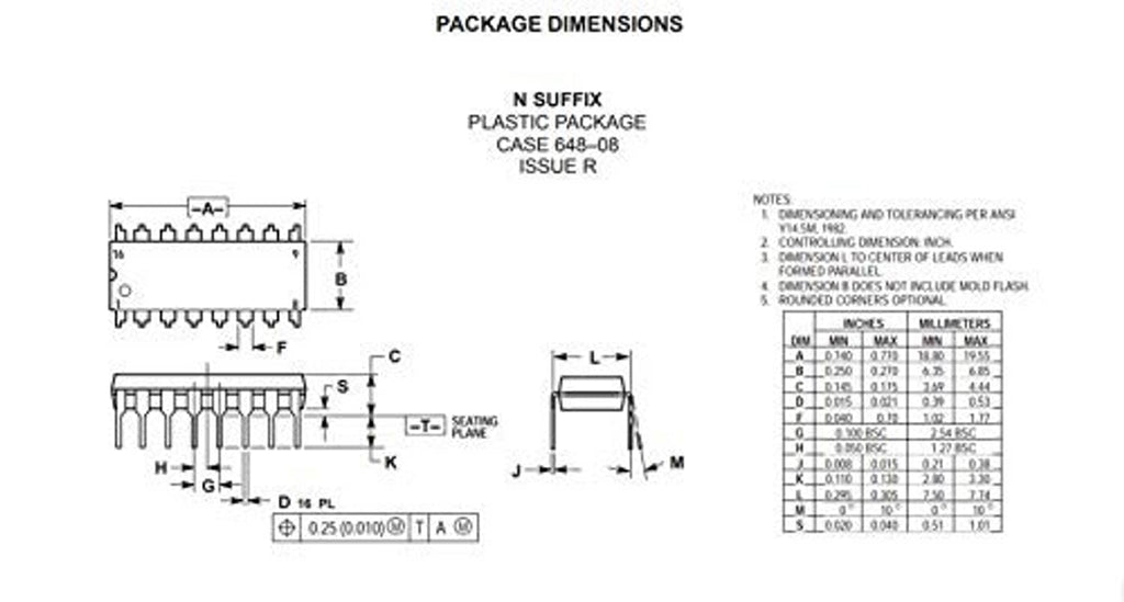 IC package dimensions diagram with N suffix plastic package case outline