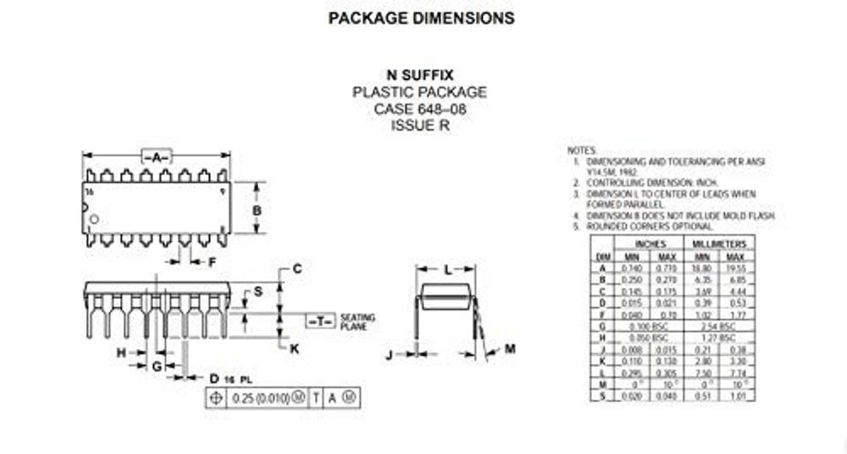 IC package dimensions diagram with N suffix plastic package case outline