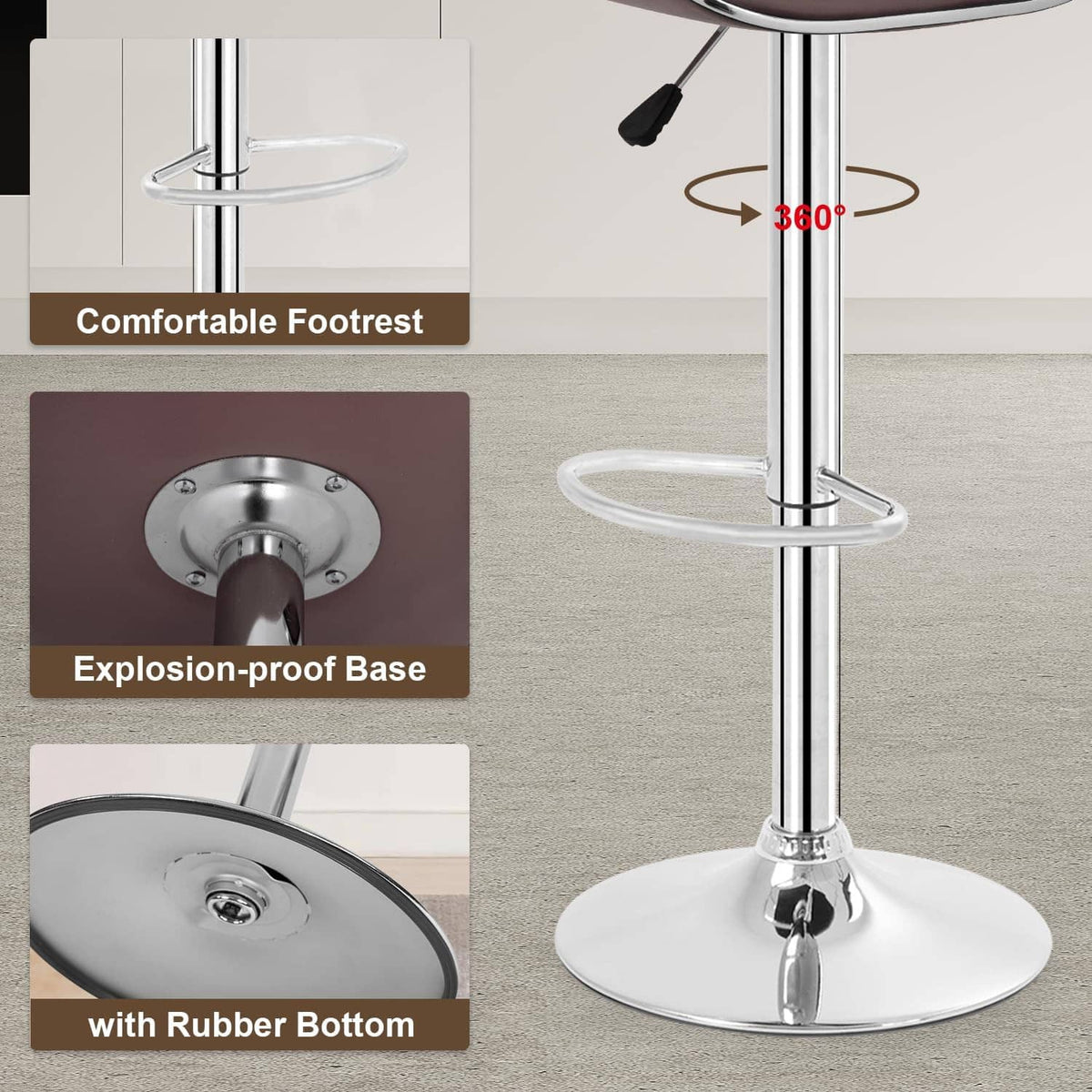 Adjustable chrome bar stool base with footrest rings and rubber floor feet