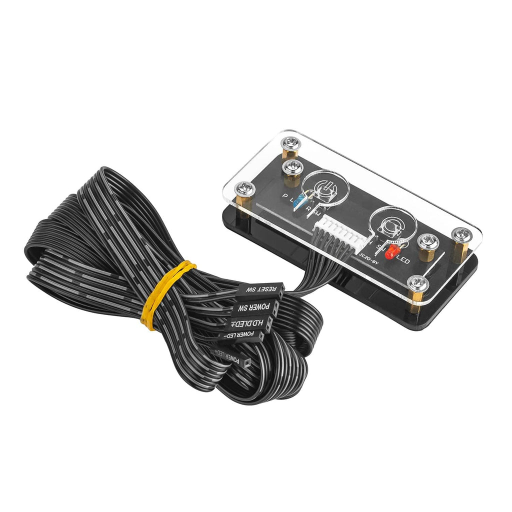 PC power button switch kit with ribbon cable and interface board, black and silver.