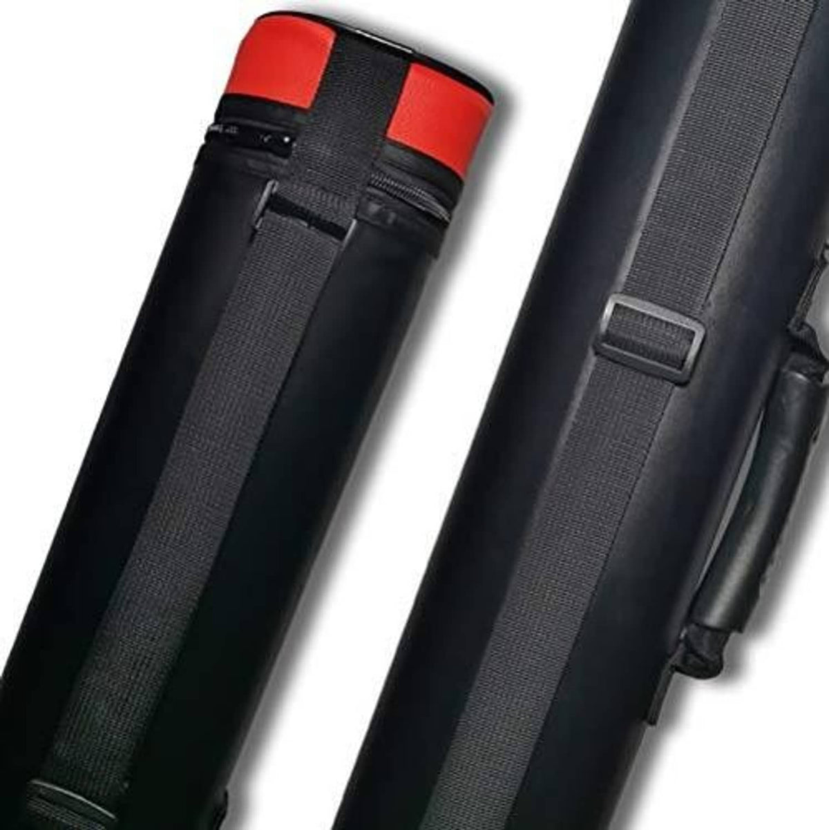 2x2 oval cue case with black outer shell, red top band, and two padded inner slots