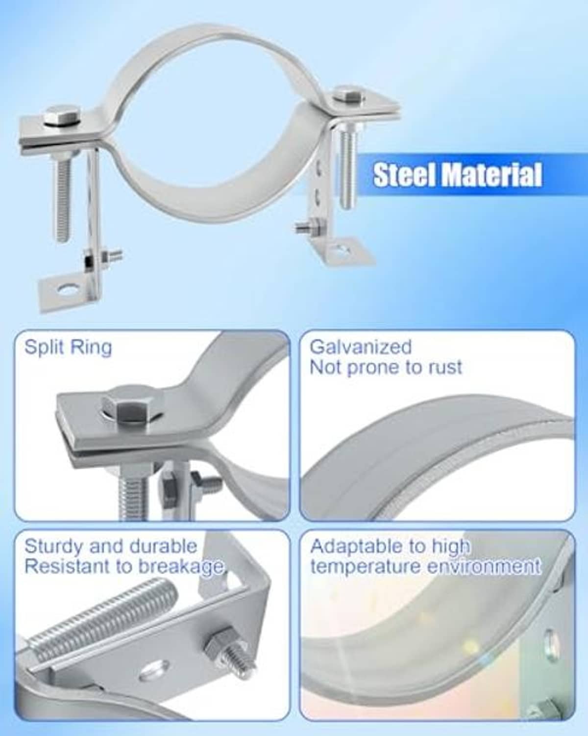 Galvanized steel B-vent wall pipe bracket with split-ring clamp and threaded adjusters
