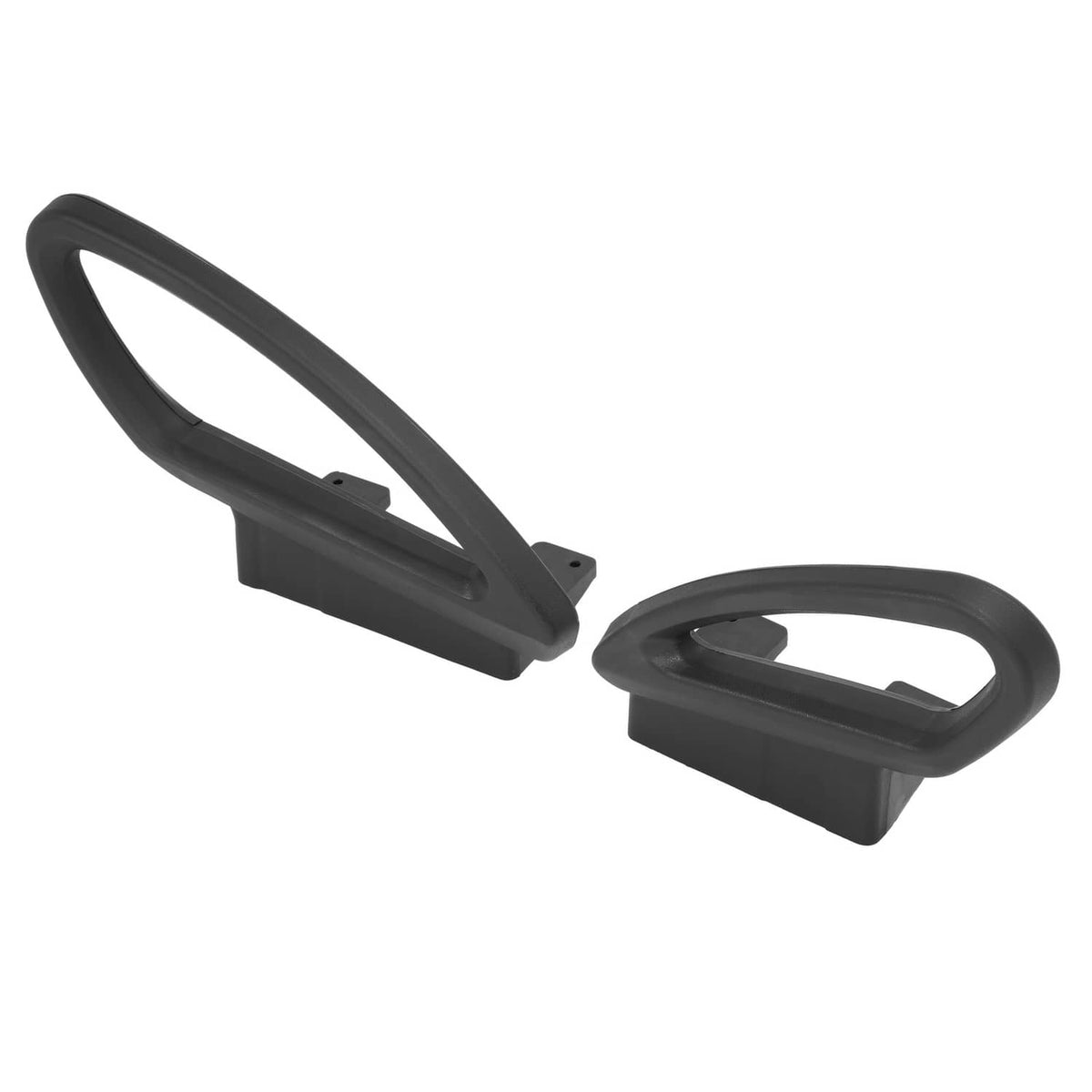 Pair of black hip restraint handles with rails and mounting tabs, side view