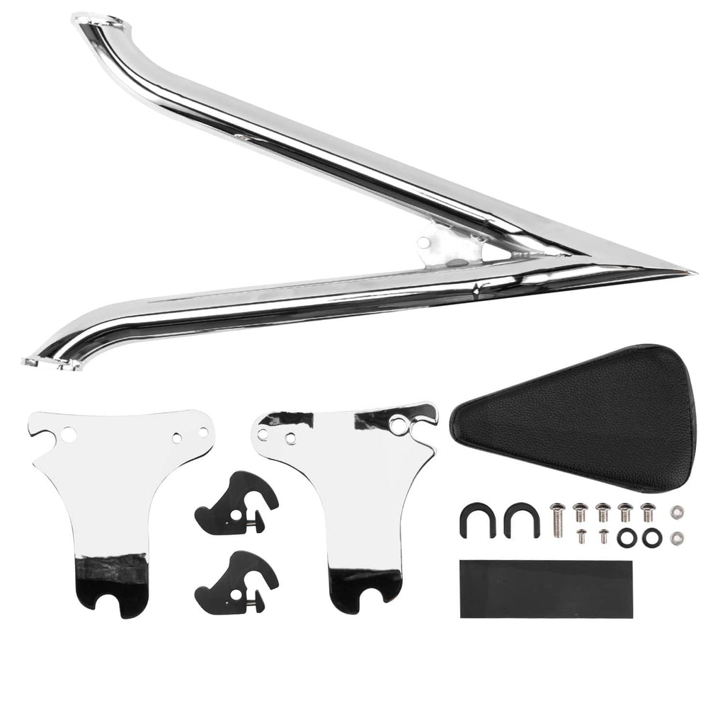 22-inch sissy bar backrest with chrome frame, black pad, and mounting hardware kit