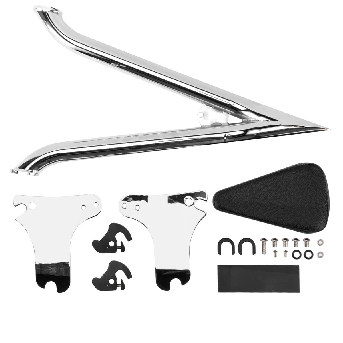 22-inch sissy bar backrest with chrome frame, black pad, and mounting hardware kit