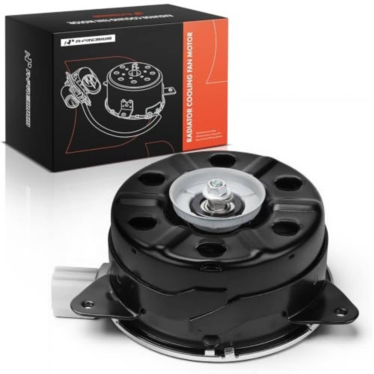 Radiator cooling fan motor, black housing with silver center shaft and side tabs
