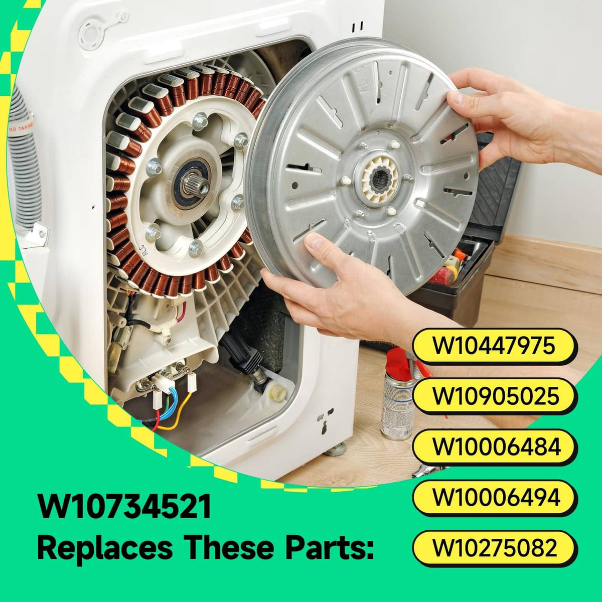 Washer clutch kit installed with hands holding the gray circular clutch assembly