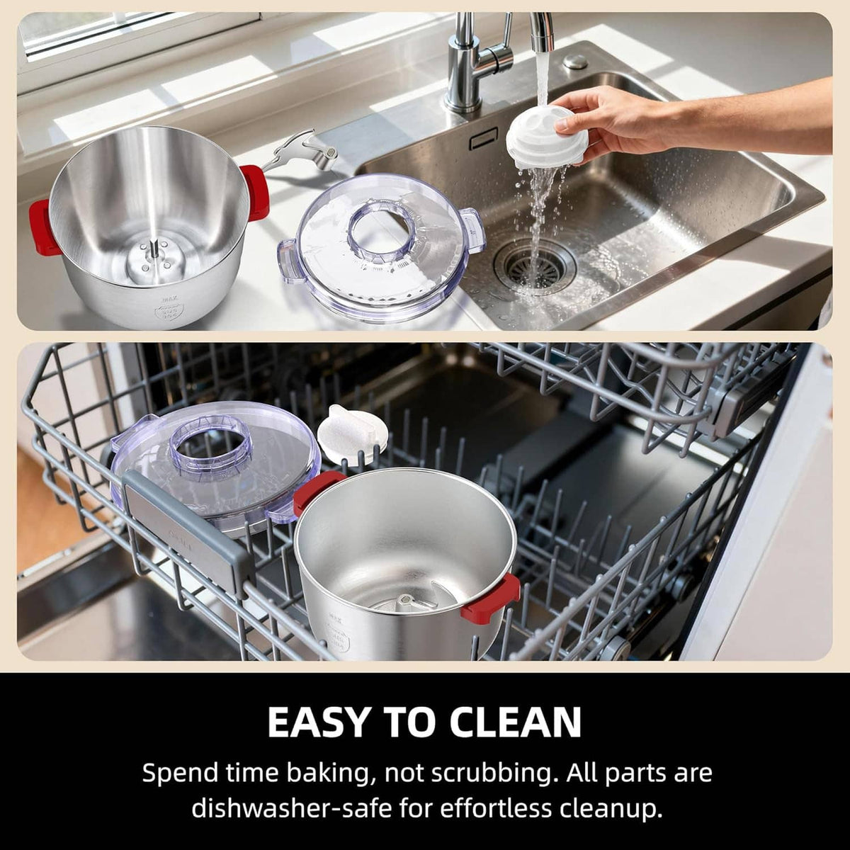 Dough mixer parts in dishwasher rack with stainless bowl and lid insert
