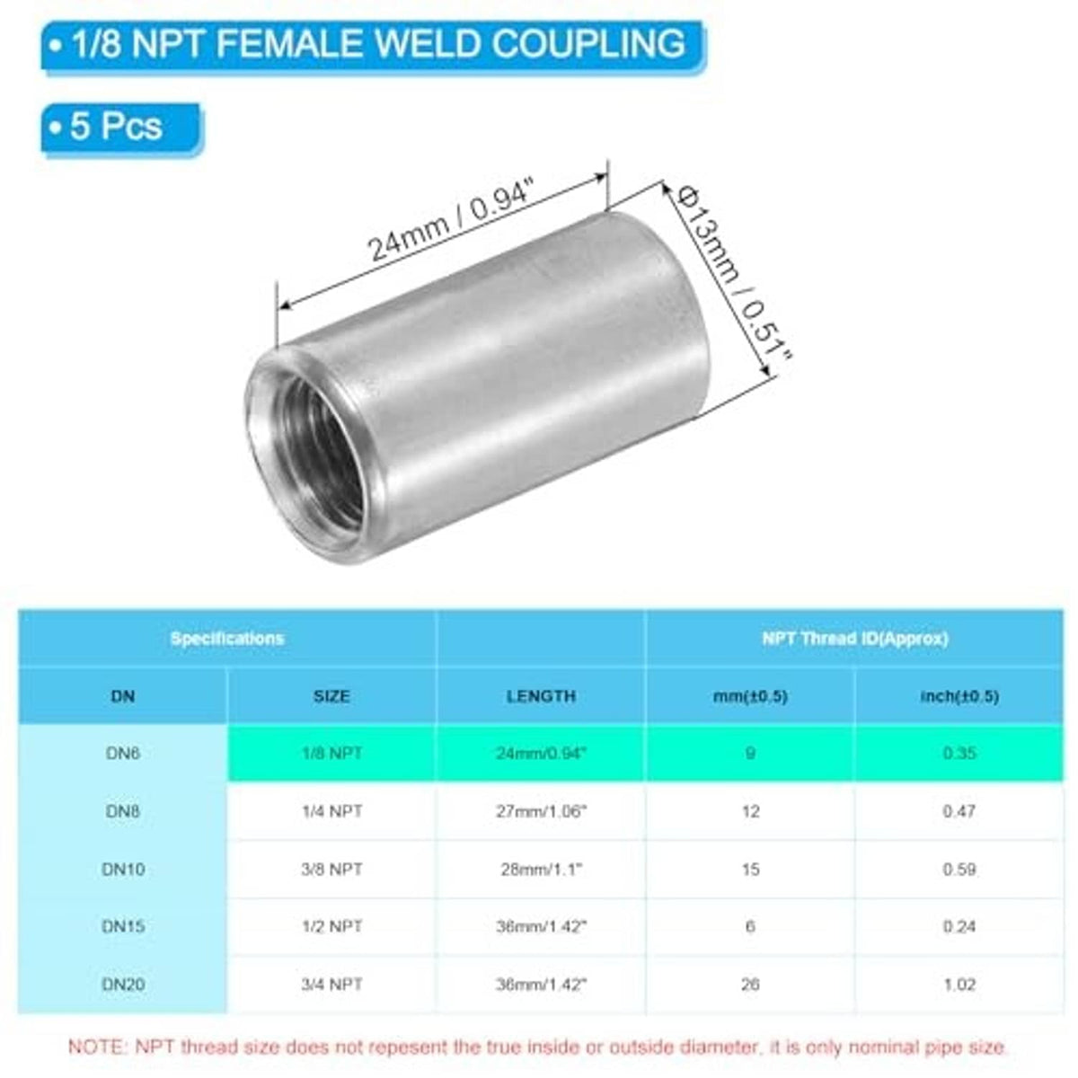 Stainless steel female weld coupling with internal NPT threads, short tube shape