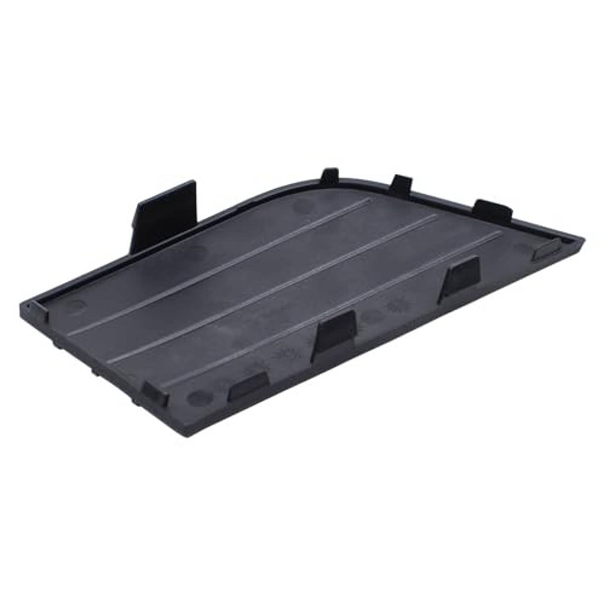 Black backside bumper grille hole cover panel with clip tabs and molded channels