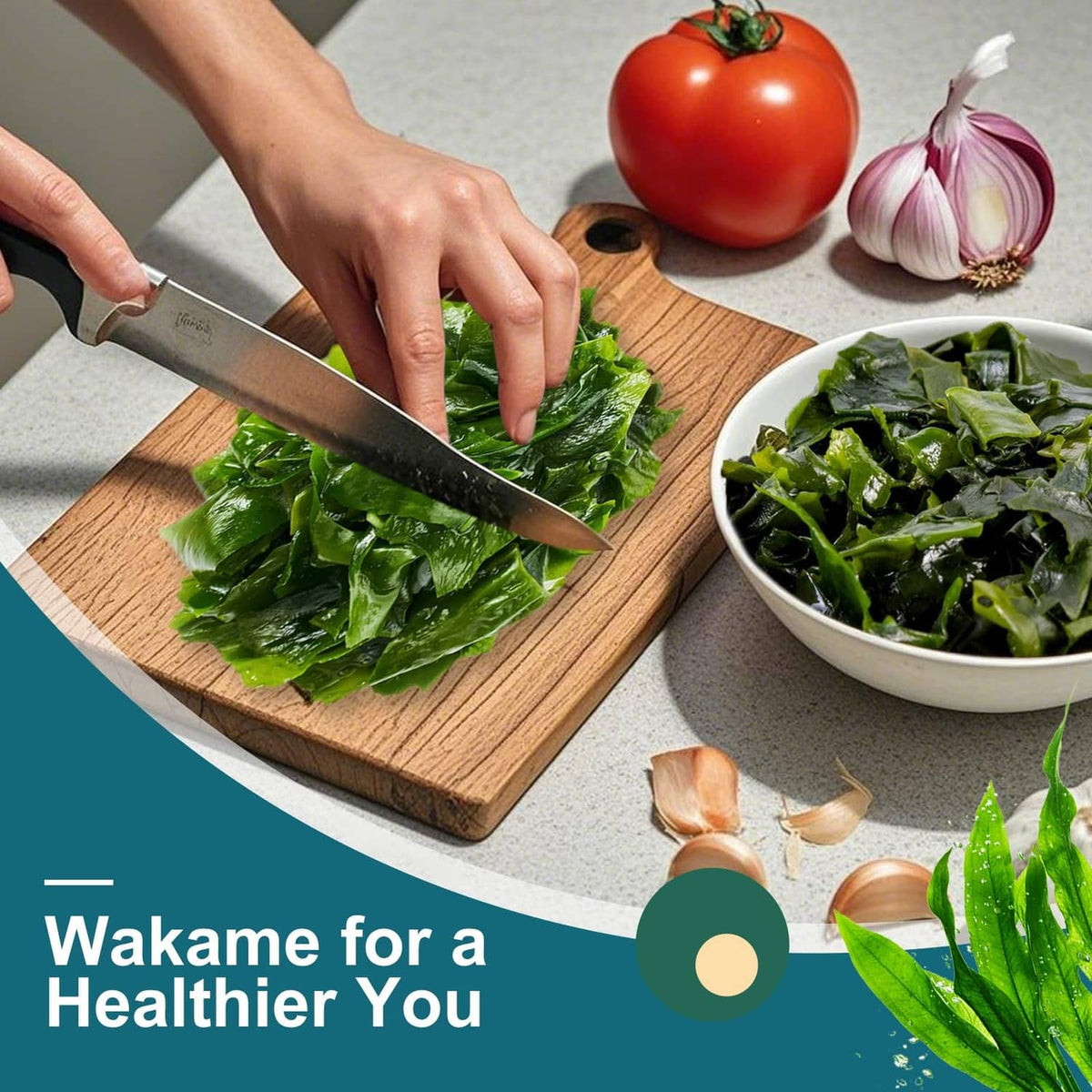 Freshly chopped wakame seaweed on a cutting board with a bowl of rehydrated greens