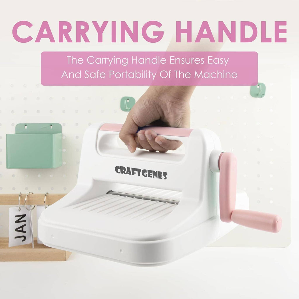 Die cutting and embossing machine with carrying handle, white base and pink grip, CRAFTGENES