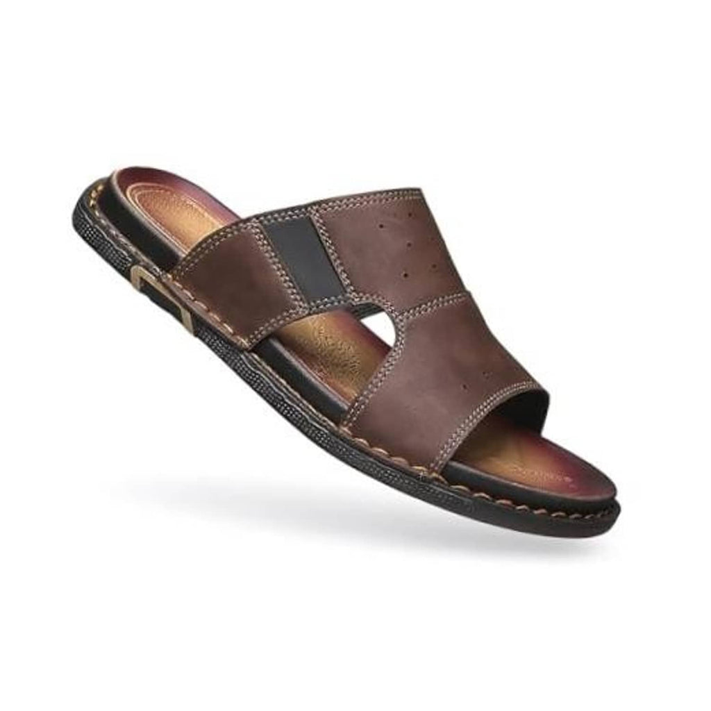 Men's brown leather open-toe slip-on slide sandal with cross strap and textured sole