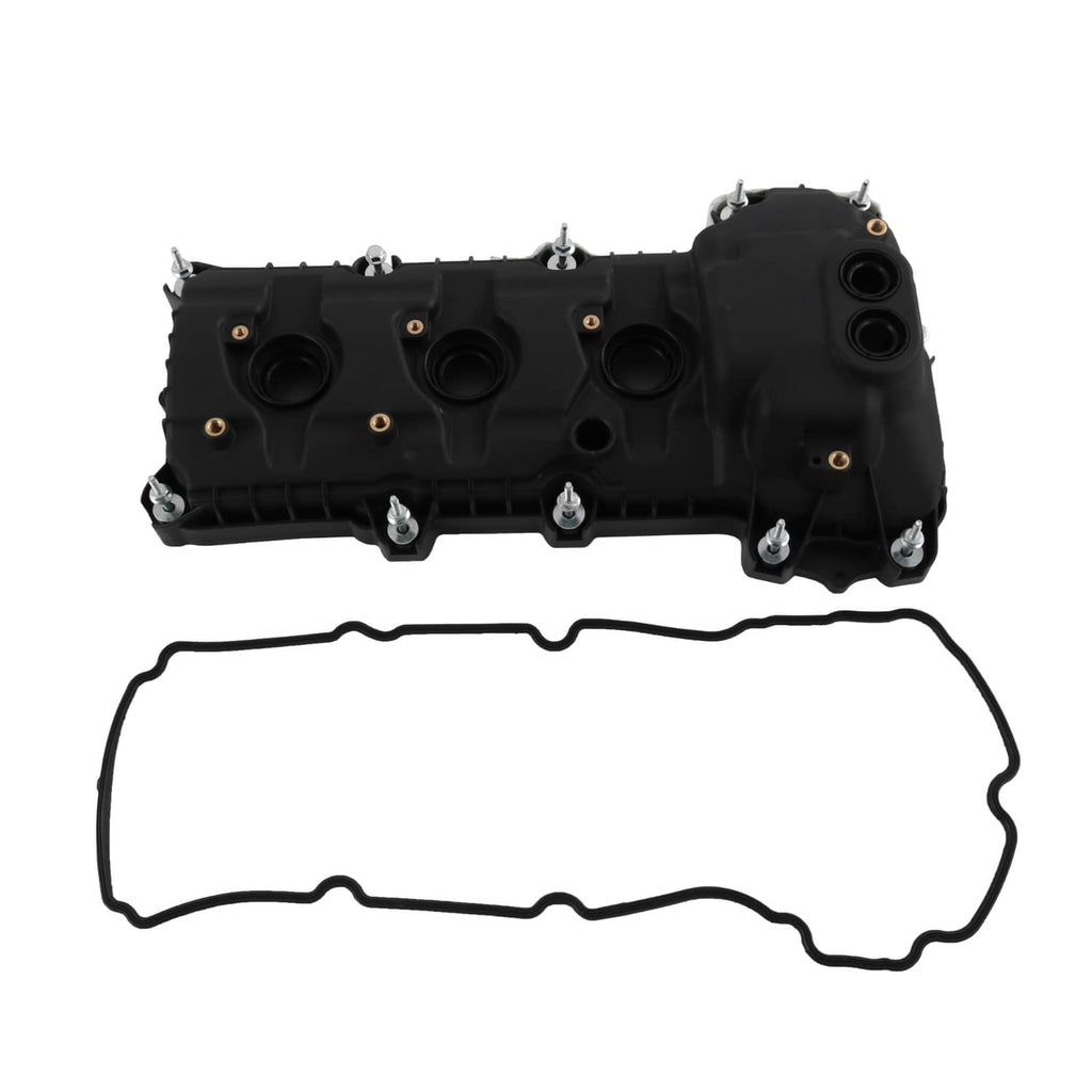 Black engine valve cover with attached gasket outline and mounting bolts