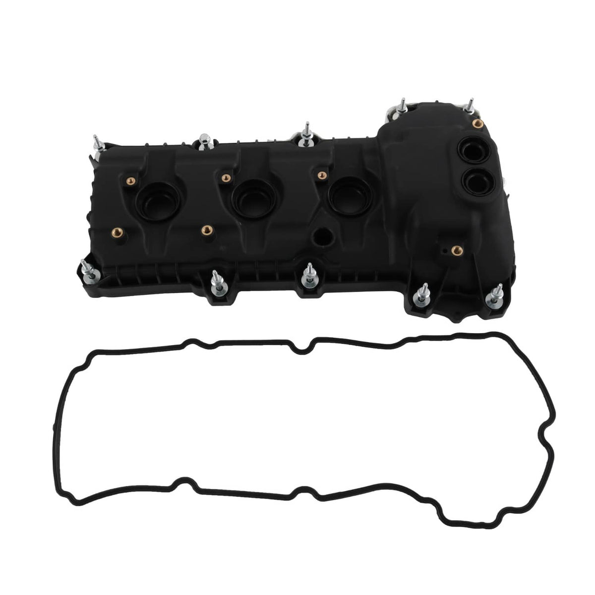 Black engine valve cover with attached gasket outline and mounting bolts