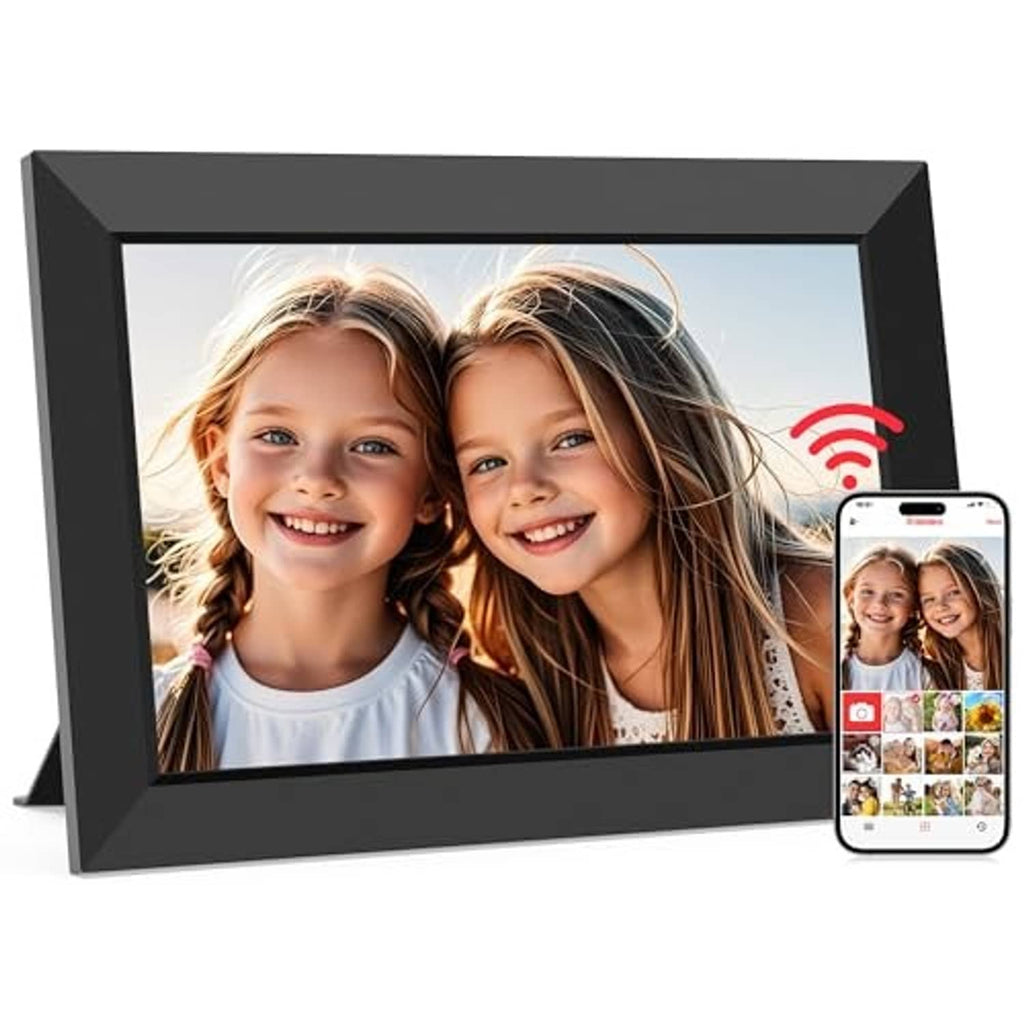 Black 10.1 inch digital picture frame with kickstand and photo of two kids