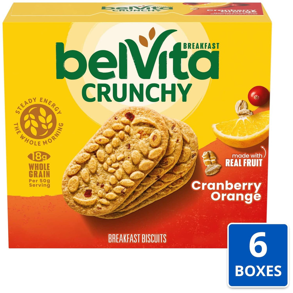 Belvita Crunchy cranberry orange breakfast biscuits box, 6 boxes