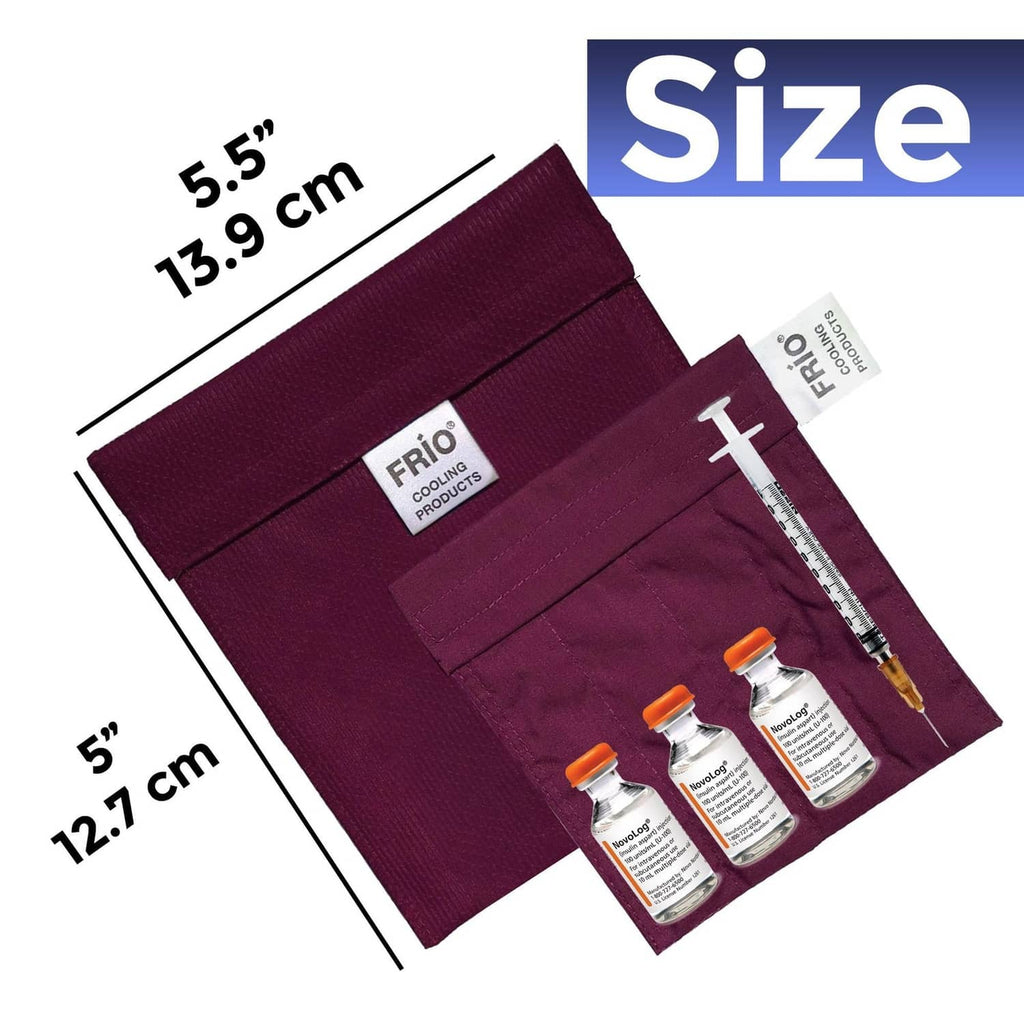 Burgundy cooling wallet pouch folded with front flap and insulin vials