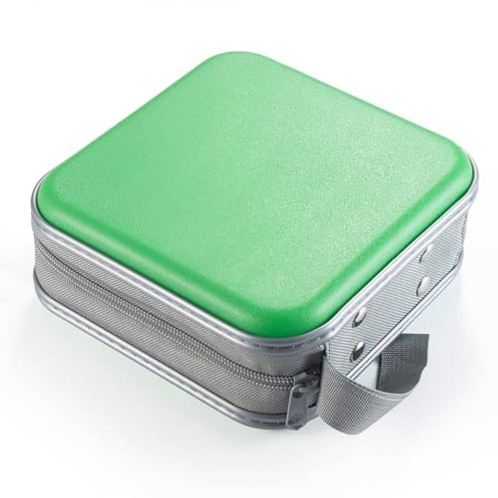 Green hard plastic DVD/CD case top view with zipper edge and gray strap