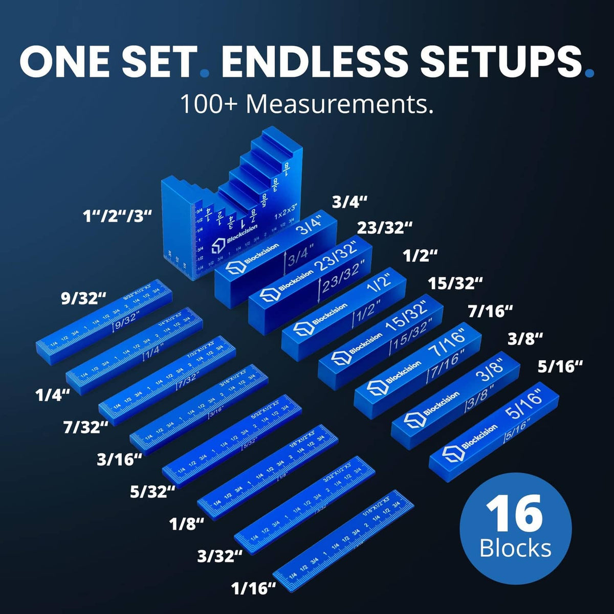Set of 16 blue measurement setup blocks with printed inch measurements