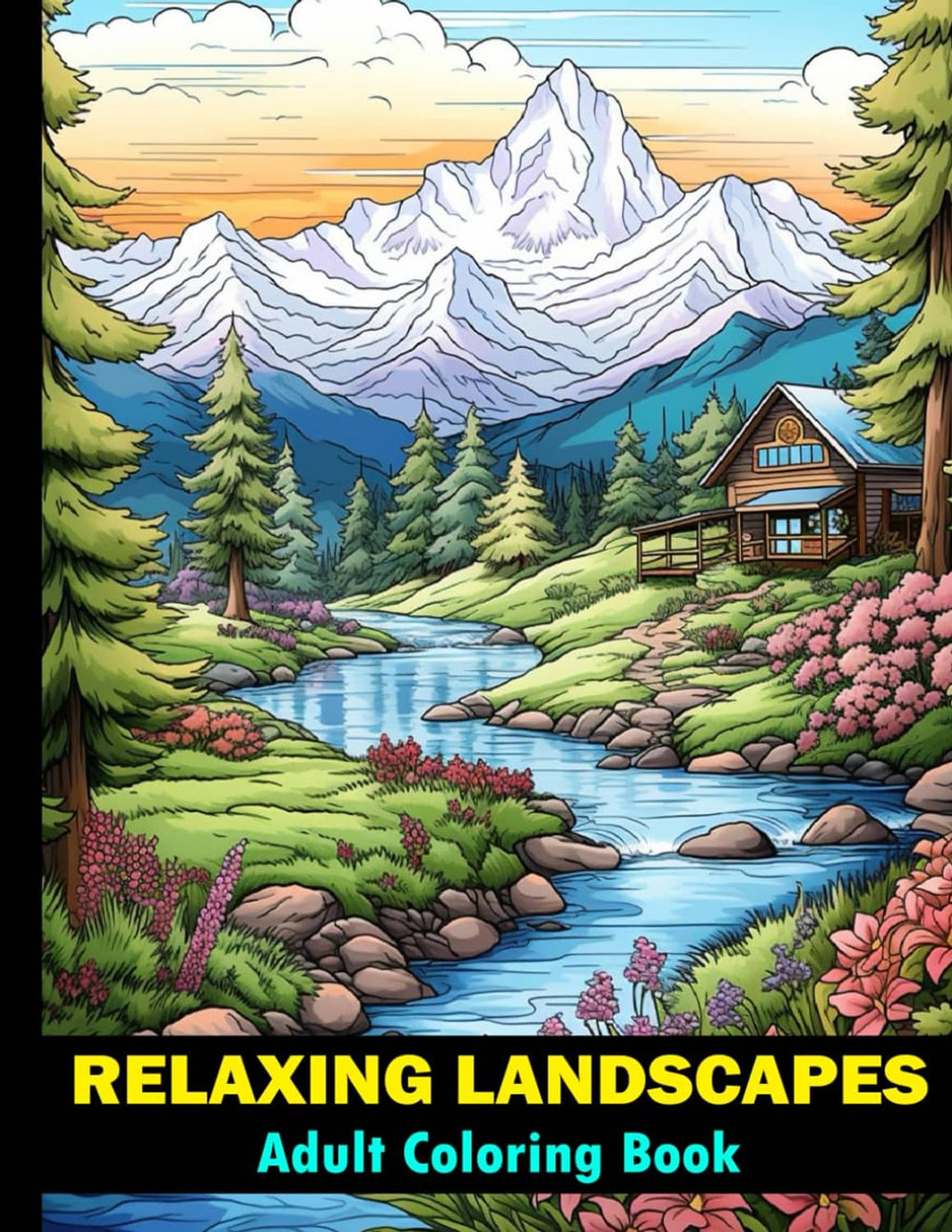 Nature landscape coloring book front cover with mountain, river, cabin, and trees