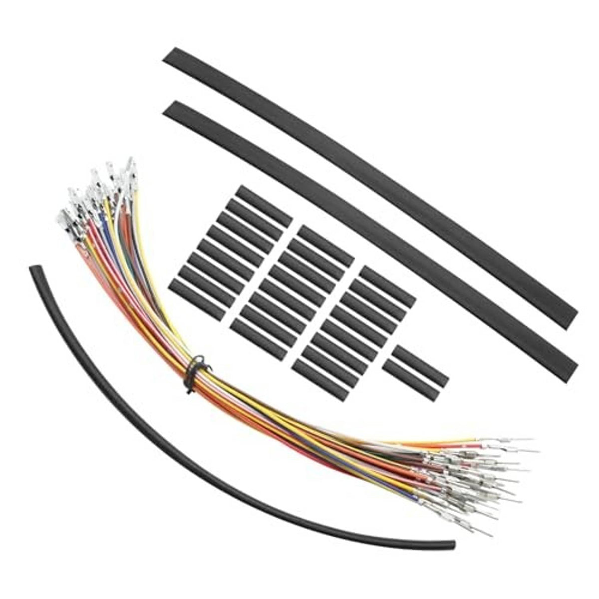 Wiring harness extension kit with multicolor wire bundle, black cable sleeves, and pin strips