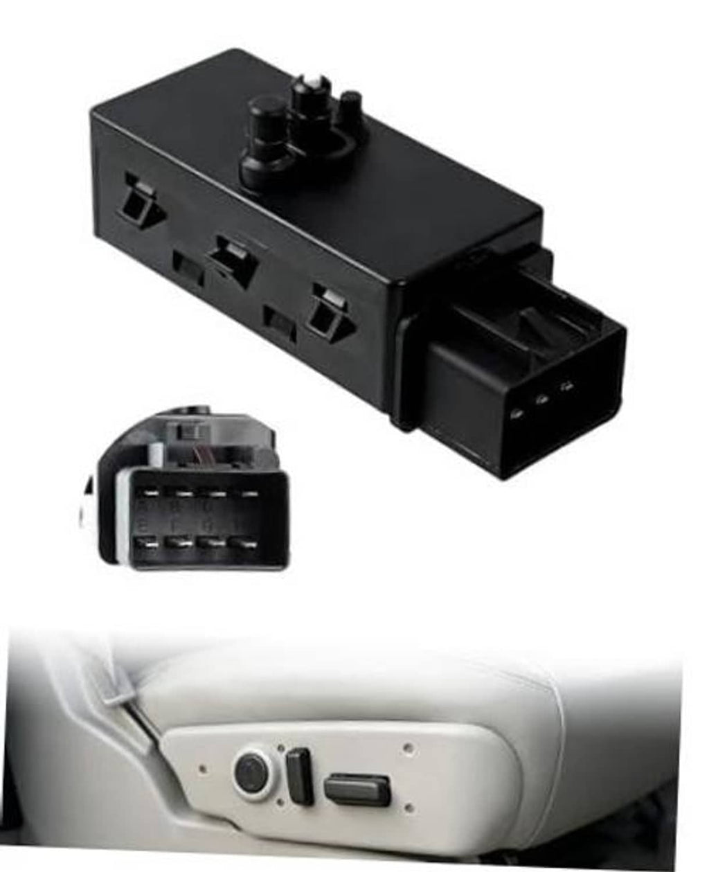 Black power seat adjuster switch module with plug connectors shown near door trim
