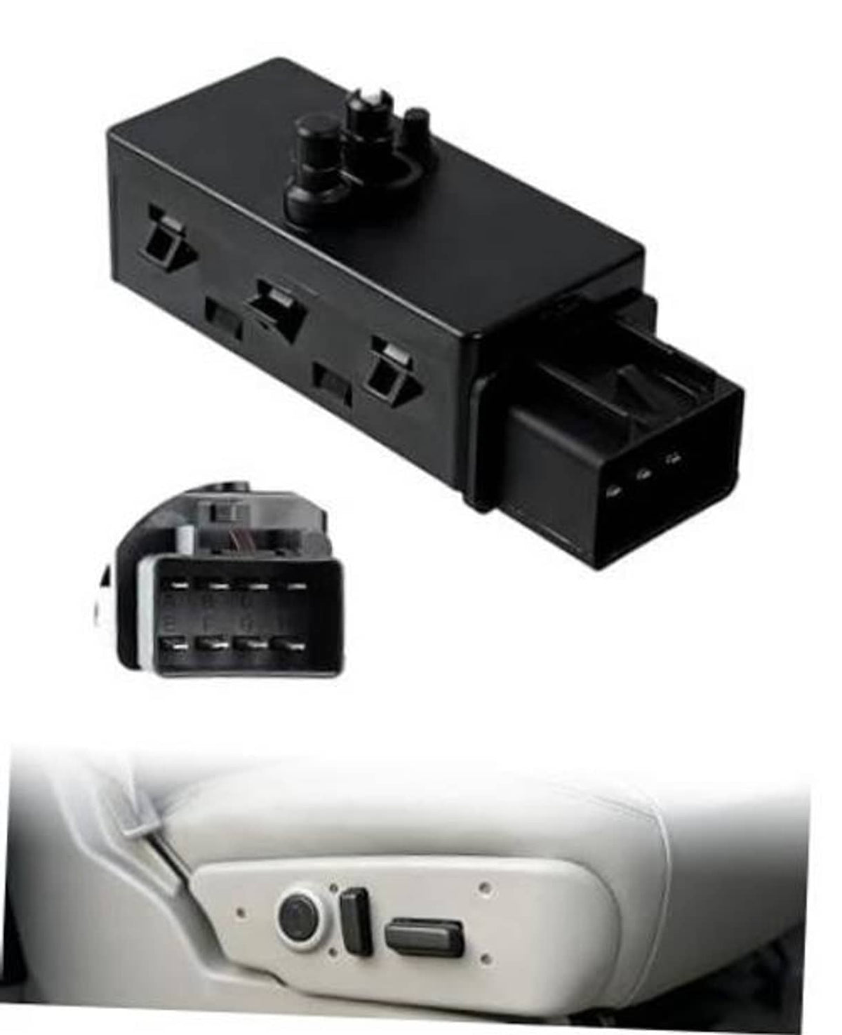 Black power seat adjuster switch module with plug connectors shown near door trim