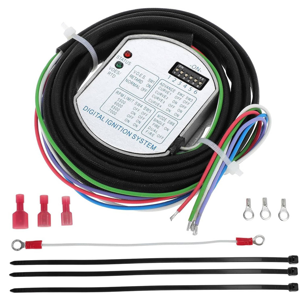 Digital ignition module with wiring harness, multi-wire leads, and metal ring terminals
