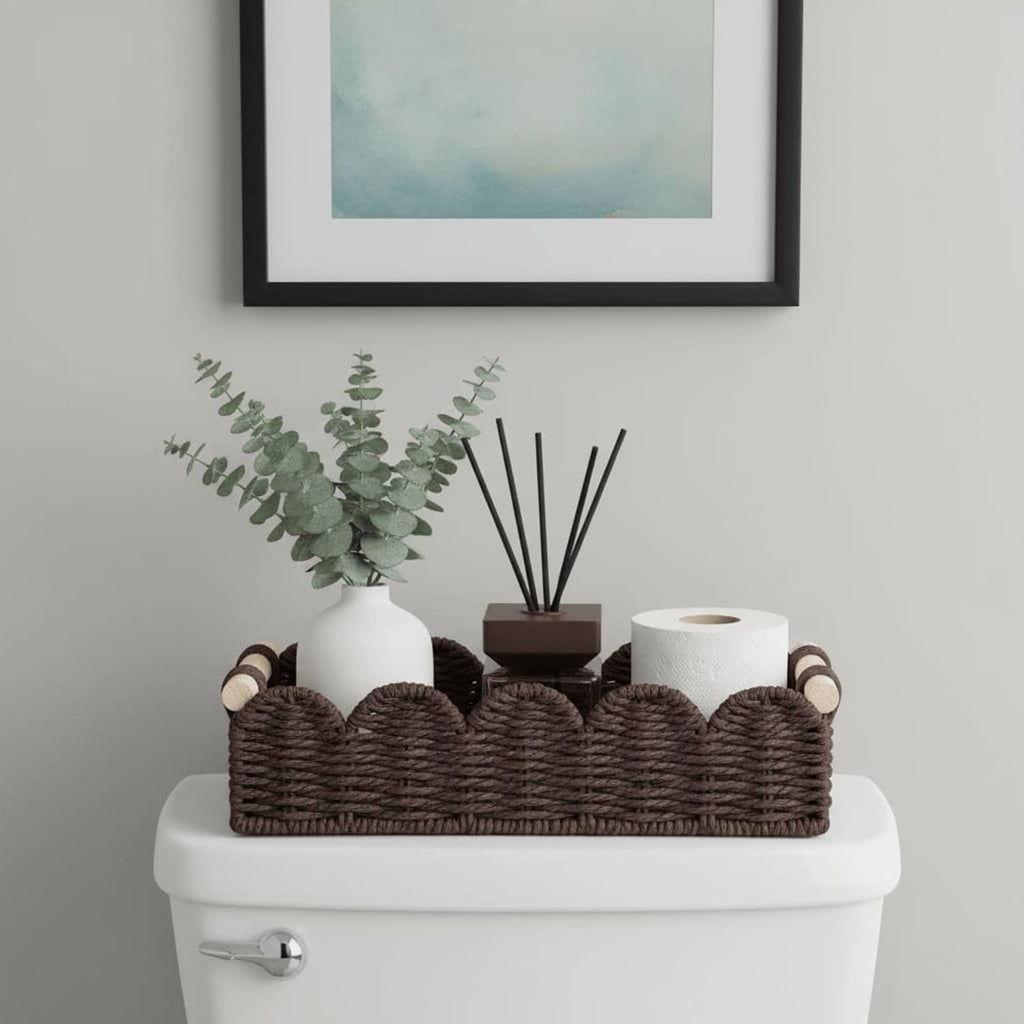 Brown woven toilet paper holder basket with beige rope accents