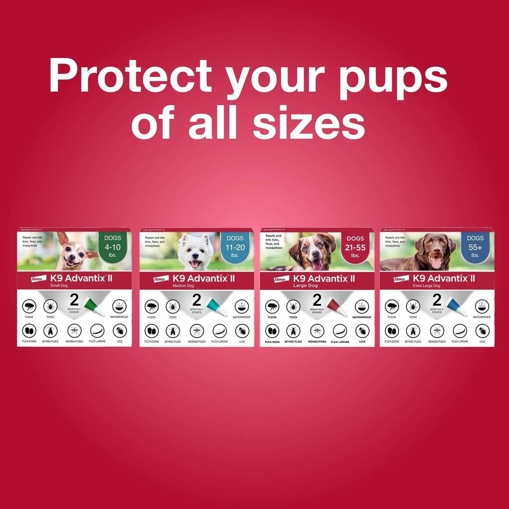 K9 Advantix II topical flea and tick treatment boxes for different dog sizes