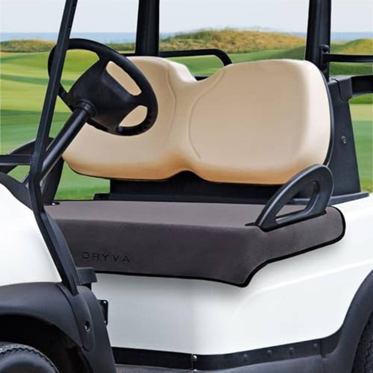 Waterproof golf cart seat cover: beige cushion with dark gray front and side panels