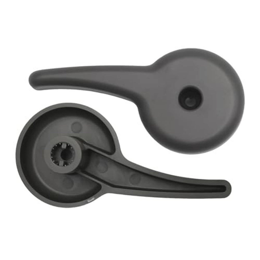 Car seat recline adjuster lever in dark gray, side profile with round mounting insert
