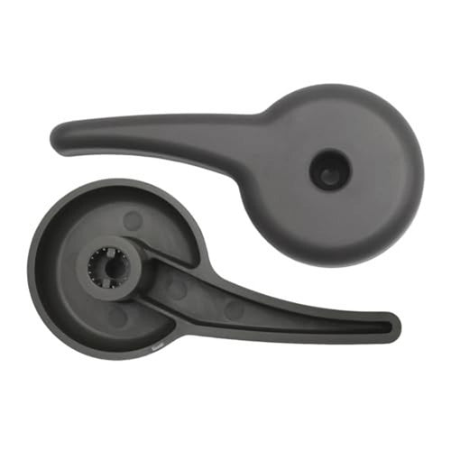 Car seat recline adjuster lever in dark gray, side profile with round mounting insert