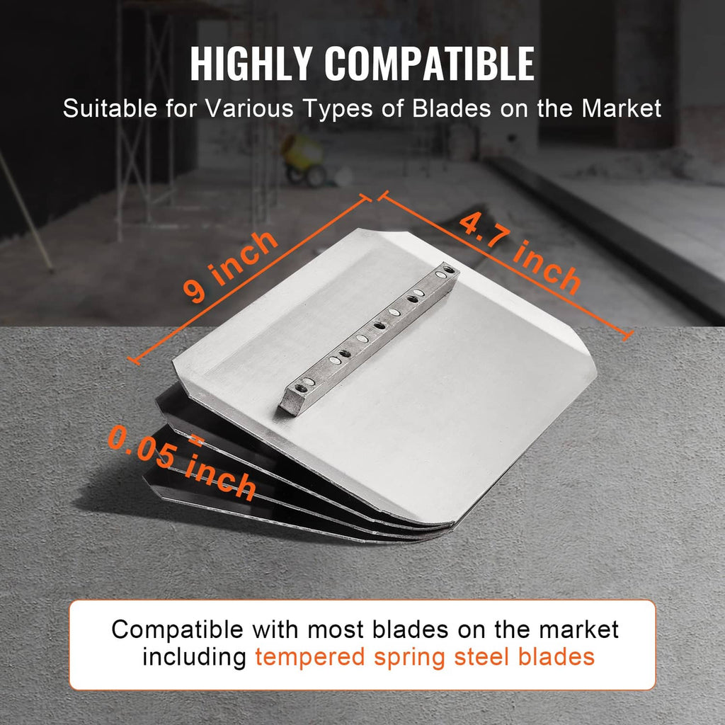 Cement trowel float pan blade attachment with adjustable mounting rail