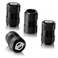 Black textured tire valve stem caps with Nissan logo, set of 3