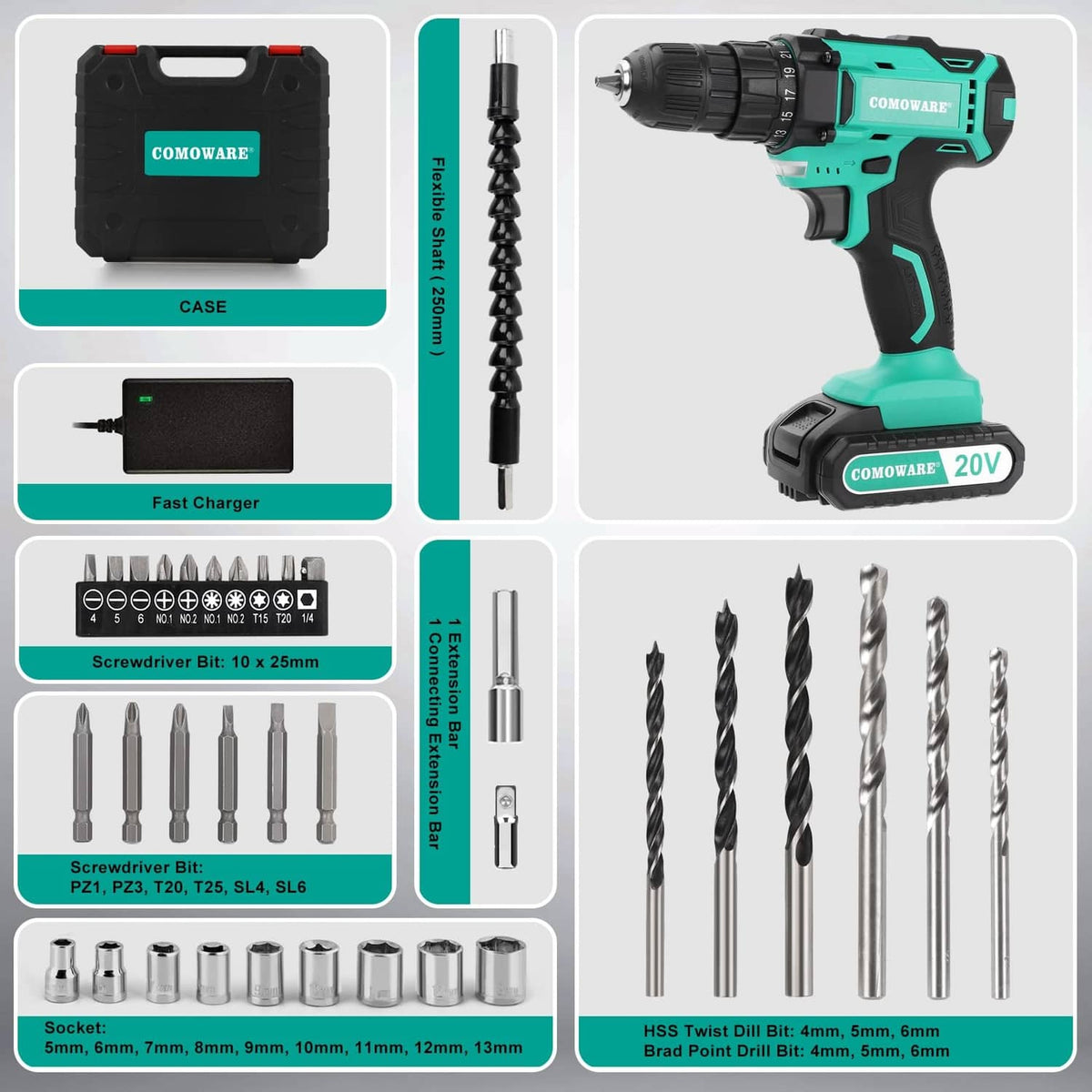 Cordless drill set with teal-and-black drill, case, charger, drill bits and screw bits