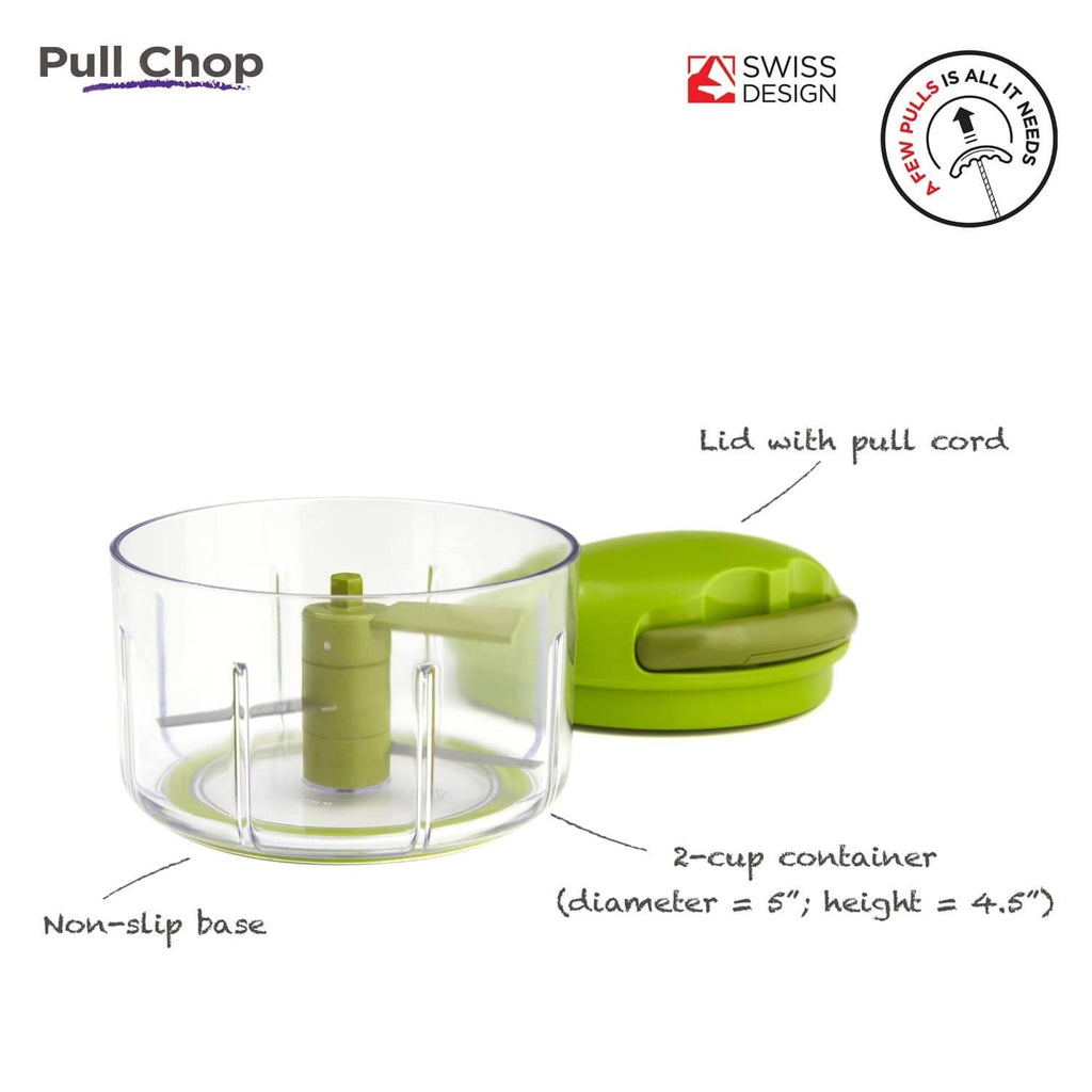 Green manual food chopper with pull-cord lid and clear 2-cup chopper bowl