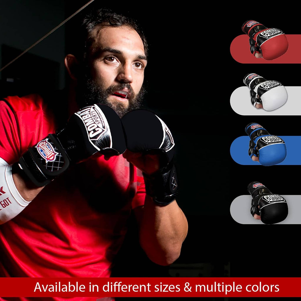 Black MMA training gloves with red and white branding, worn with thumb support.