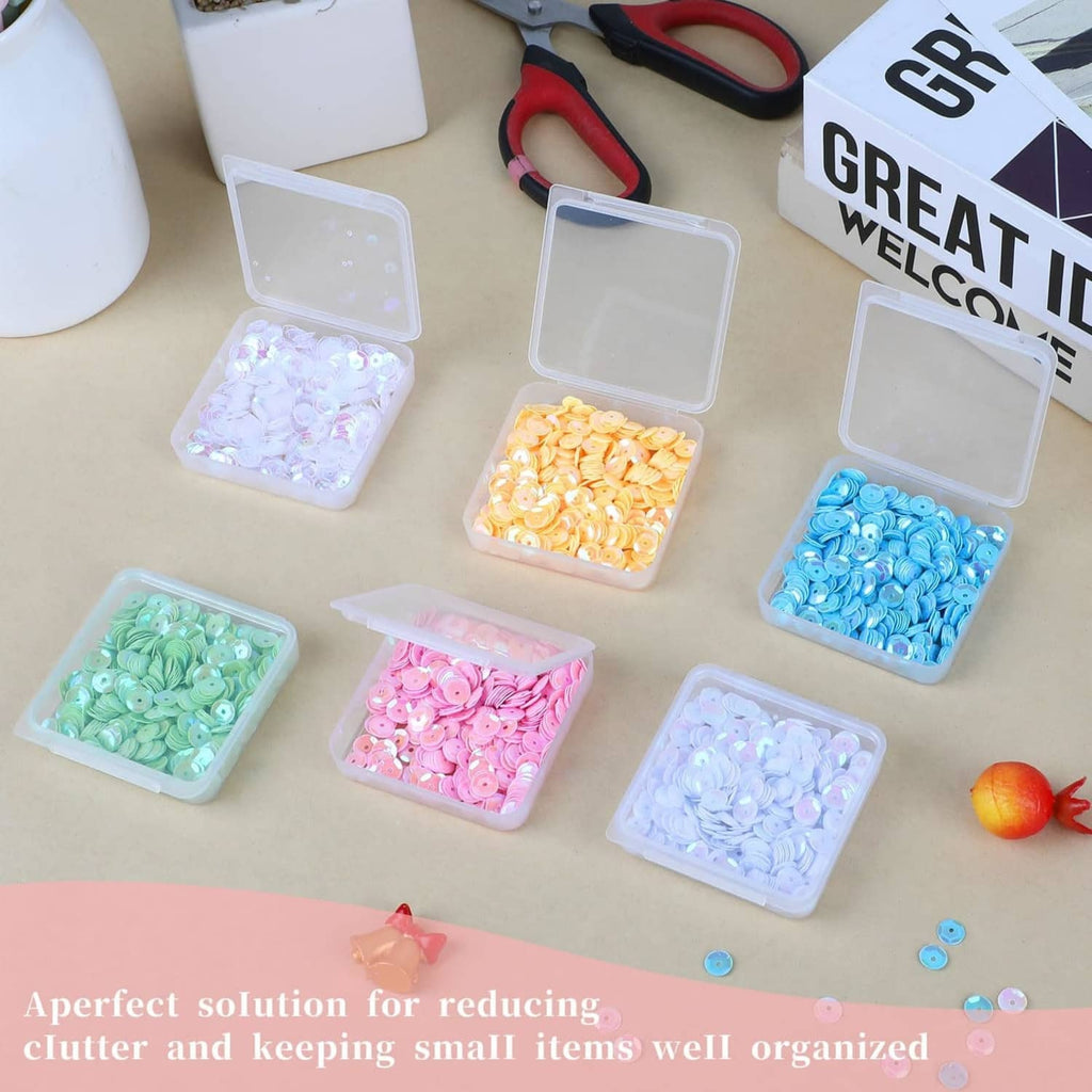 Multi-color iridescent round cup sequins in plastic organizer containers for crafts