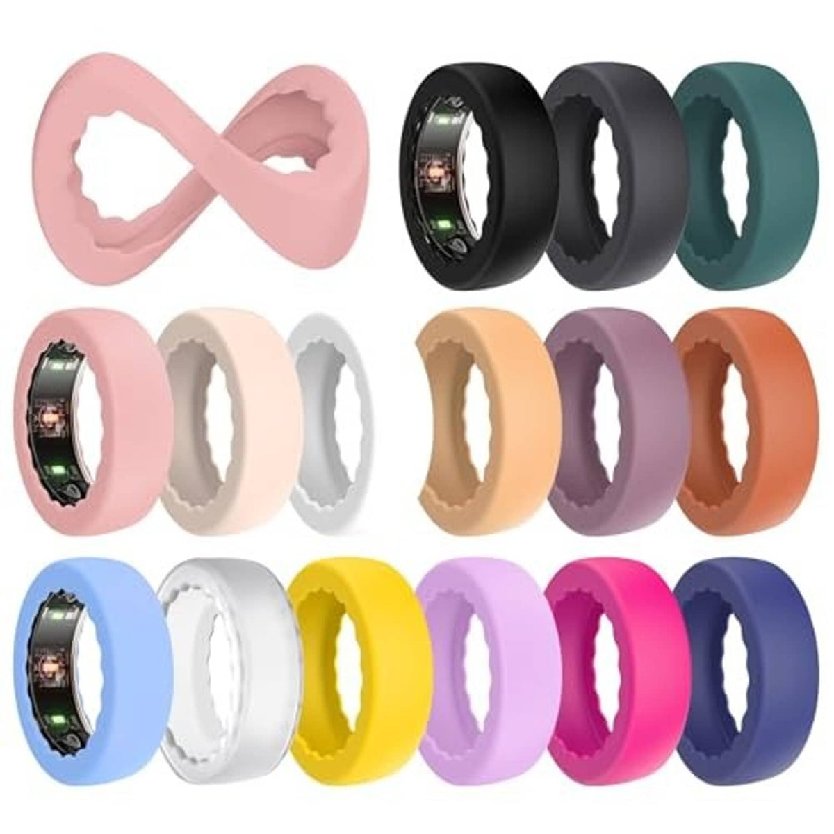 Silicone ring cover set in mixed colors with visible ring openings, including dark and bright tones
