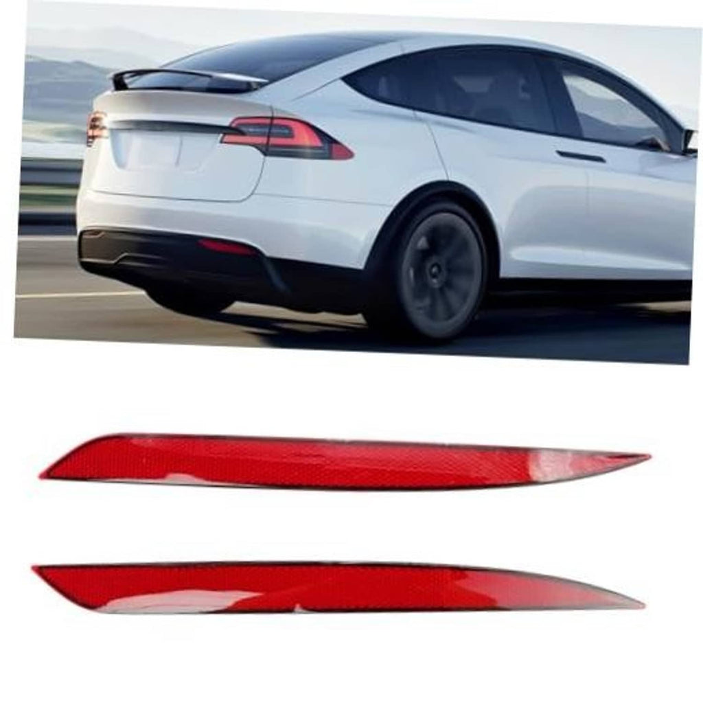 Red rear bumper reflector lens set for Tesla Model Y, shown on the car